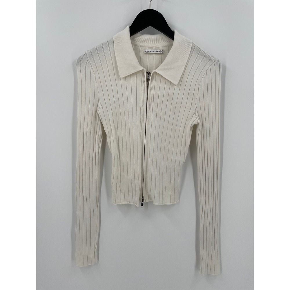 Abercrombie Fitch Womens Small Ribbed Zip Sweater Ivory Collared‎ Cardigan